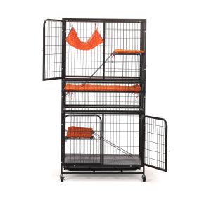 4-Story Pet Cage, Bunny Hutch with Ladder, Lockable Wheels and Removable Tray, Black and Orange